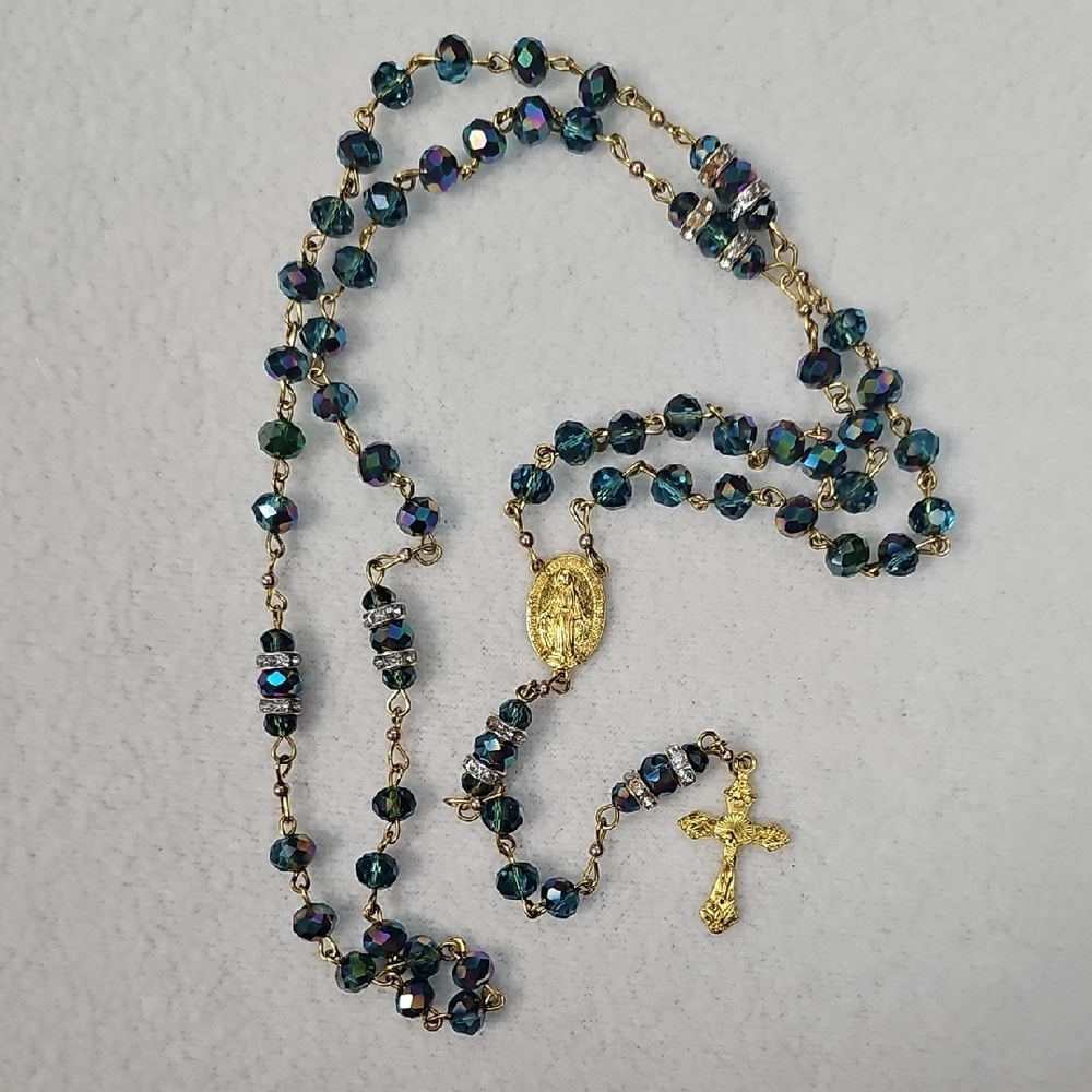 Gold-Plated Blue Crystal Rosary Necklace